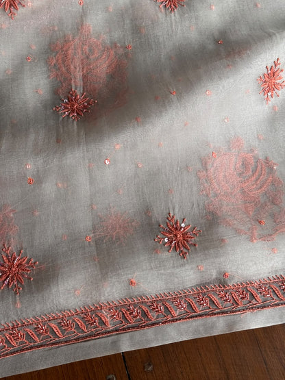 Silver & Copper Shade Noor Organza Silk Chikankari Unstitched Kurta Dupatta Set
