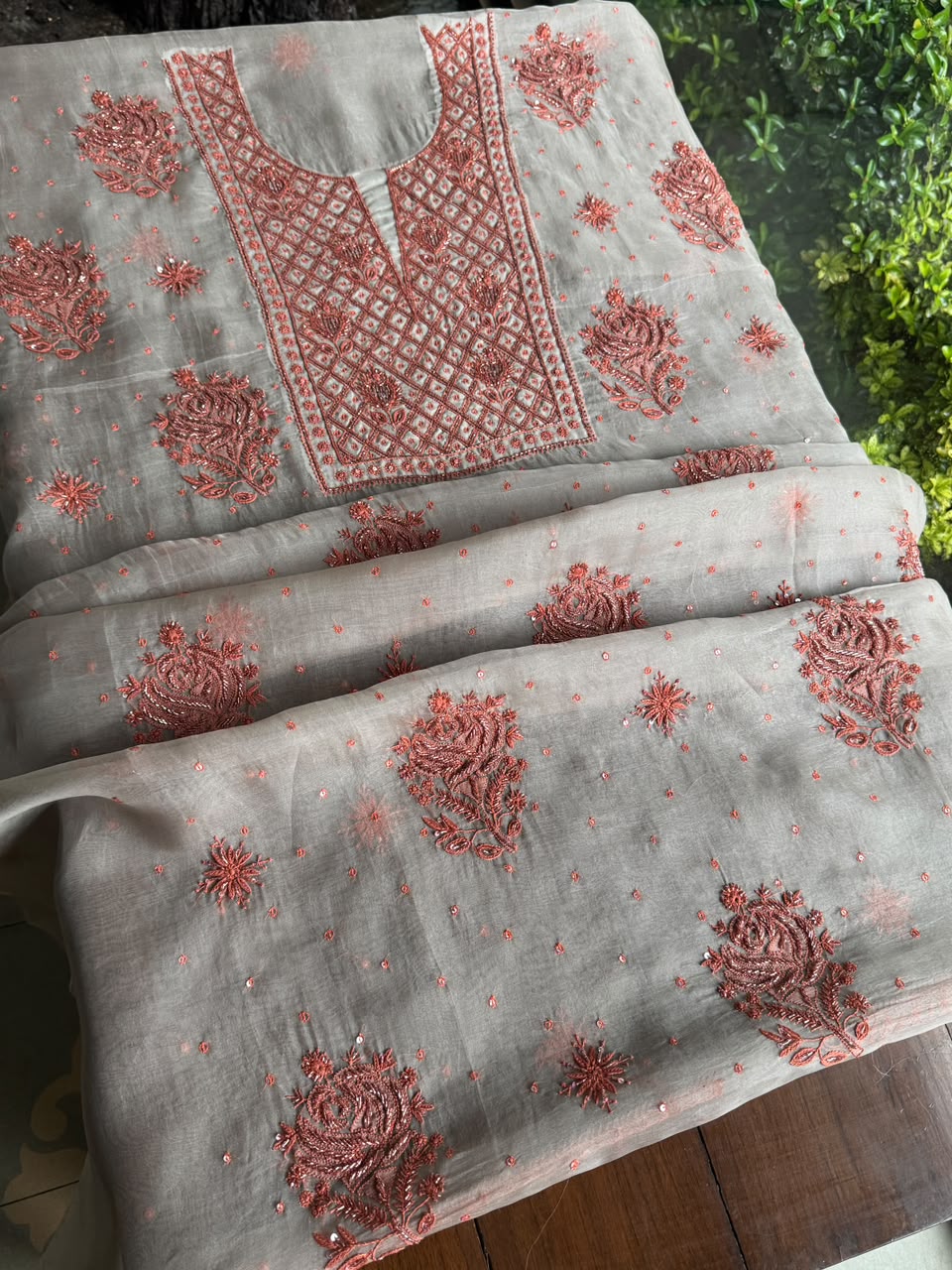 Silver & Copper Shade Noor Organza Silk Chikankari Unstitched Kurta Dupatta Set