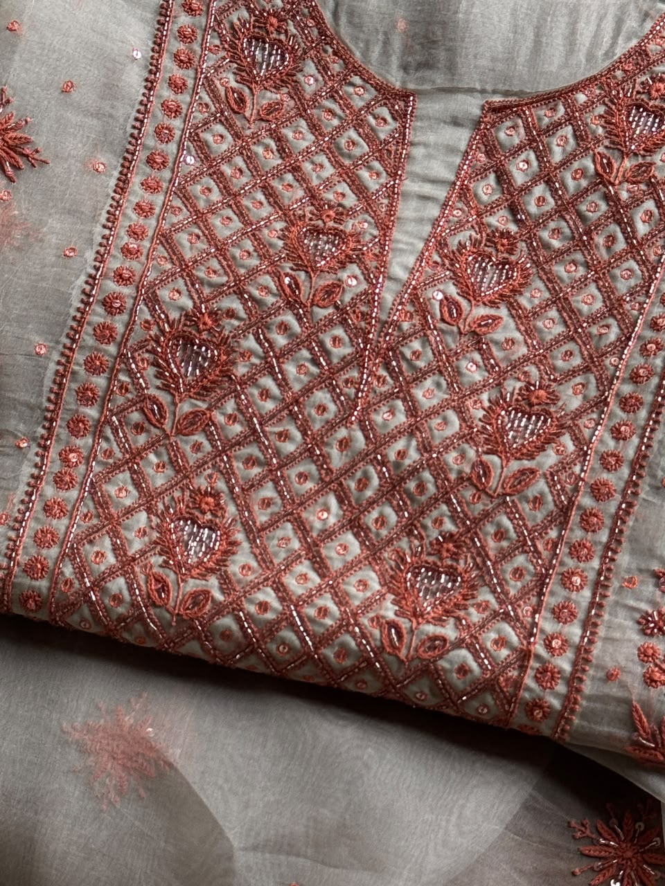 Silver & Copper Shade Noor Organza Silk Chikankari Unstitched Kurta Dupatta Set