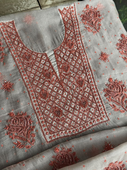 Silver & Copper Shade Noor Organza Silk Chikankari Unstitched Kurta Dupatta Set
