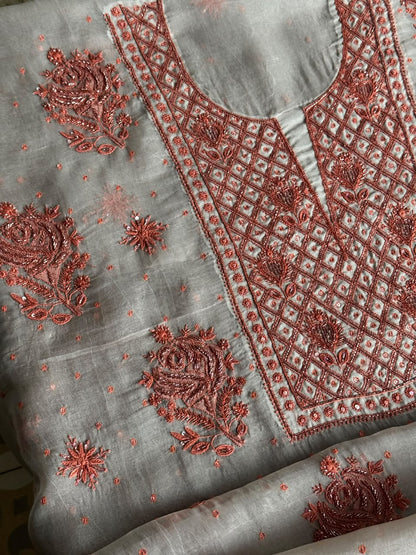 Silver & Copper Shade Noor Organza Silk Chikankari Unstitched Kurta Dupatta Set