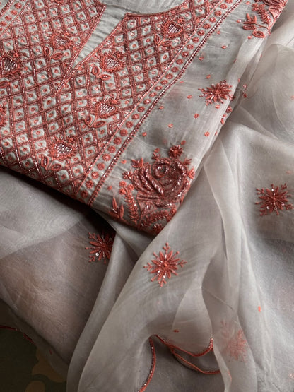 Silver & Copper Shade Noor Organza Silk Chikankari Unstitched Kurta Dupatta Set
