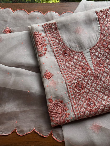 Silver & Copper Shade Noor Organza Silk Chikankari Unstitched Kurta Dupatta Set