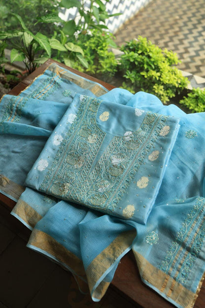 Sky Blue Banarasi Zari Chanderi Unstitched Chikankari Fabrics