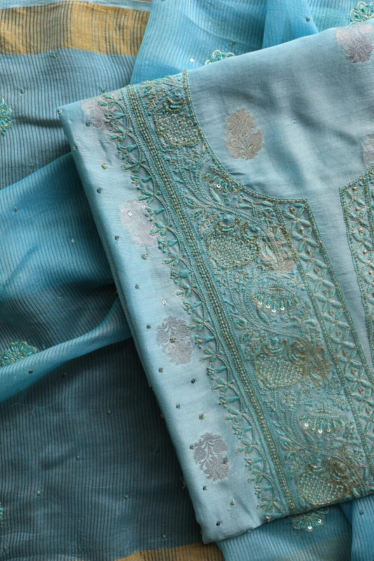Sky Blue Banarasi Zari Chanderi Unstitched Chikankari Fabrics