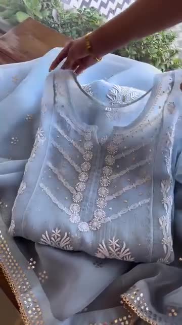 Sky Blue Noor Organza Applique Chikankari Mukaish Kurta Dupatta Set