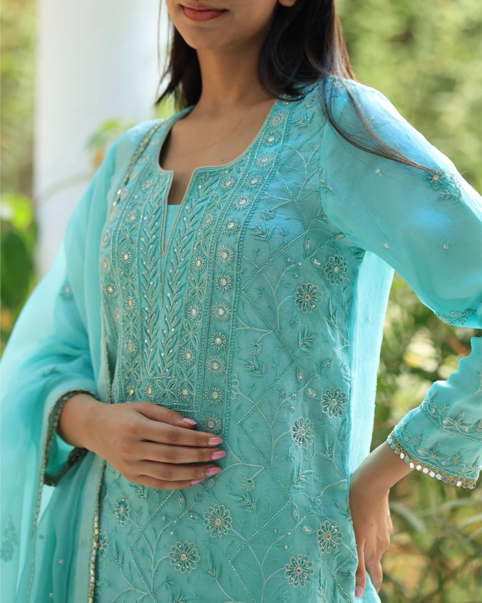 Sky Blue Organza Chikankari Ari Work Sharara Set