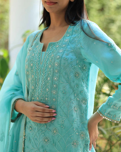 Sky Blue Organza Chikankari Ari Work Sharara Set