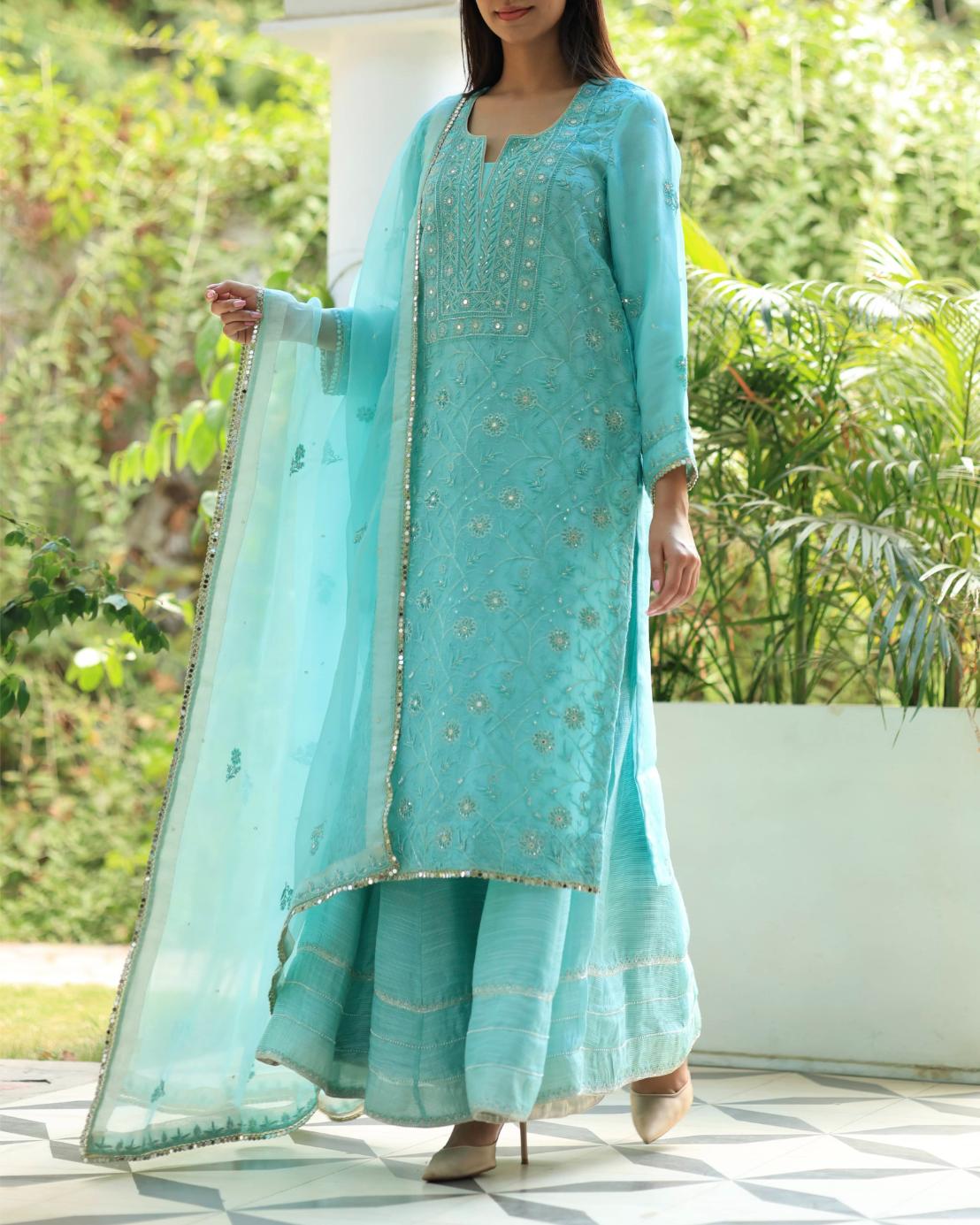 Sky Blue Organza Chikankari Ari Work Sharara Set