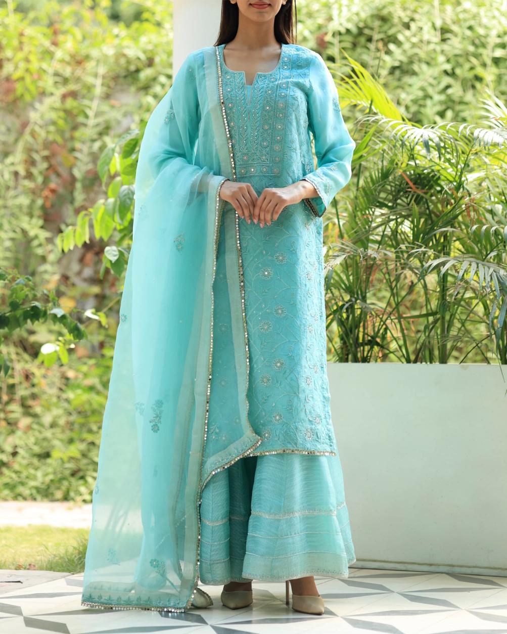 Sky Blue Organza Chikankari Ari Work Sharara Set