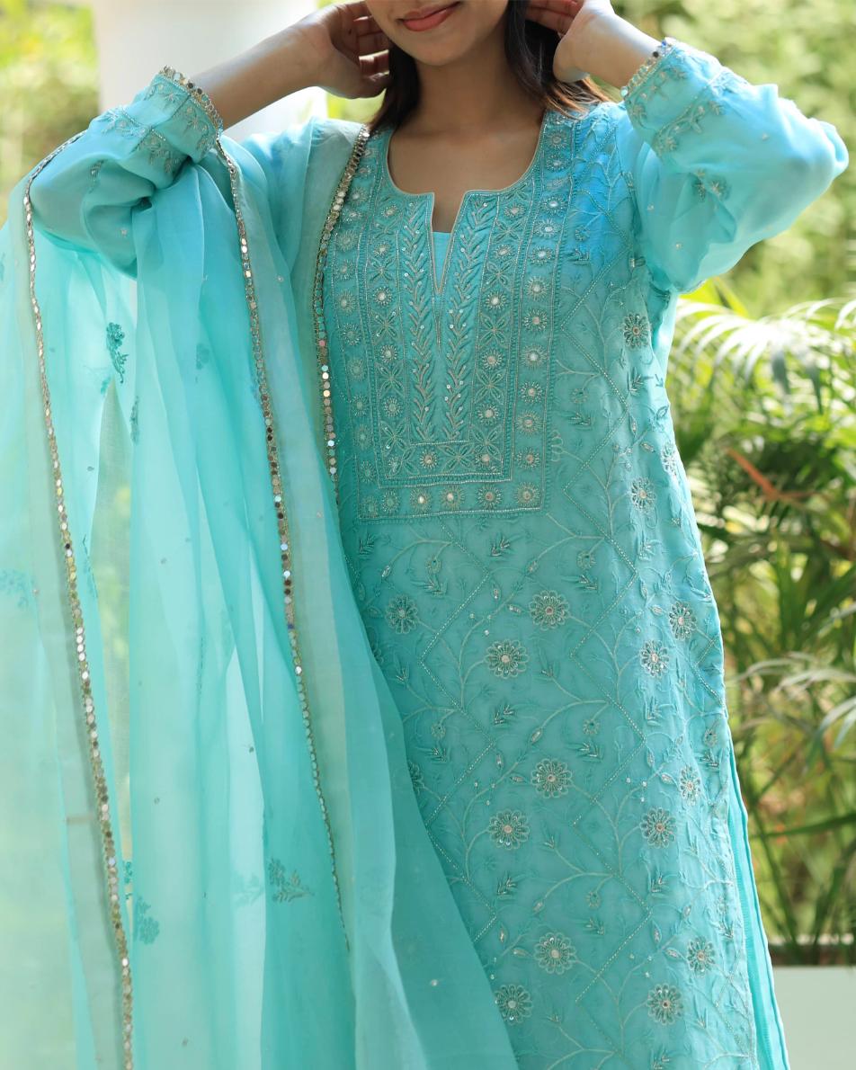 Sky Blue Organza Chikankari Ari Work Sharara Set