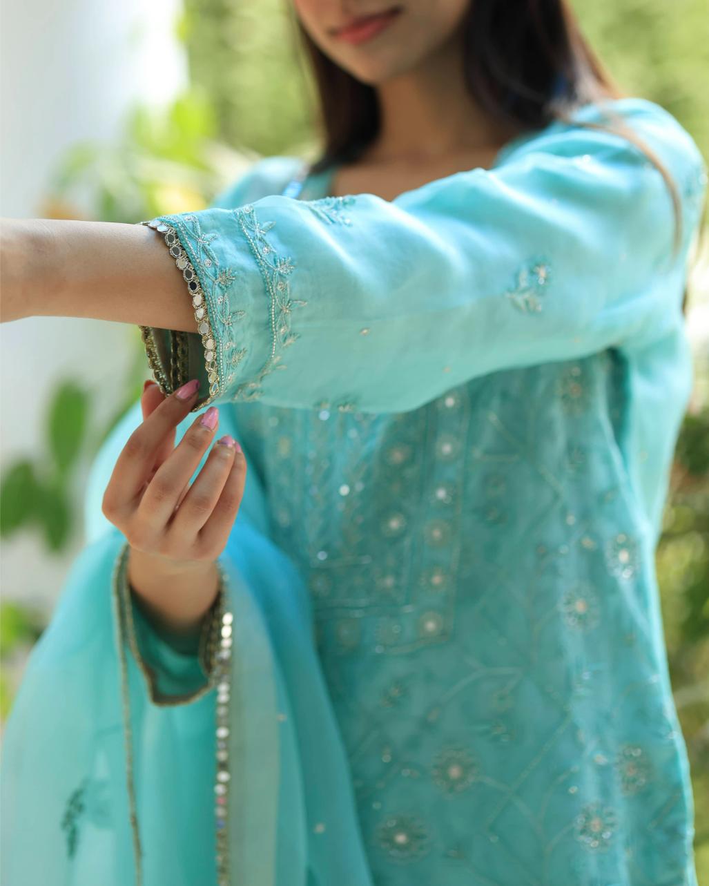 Sky Blue Organza Chikankari Ari Work Sharara Set