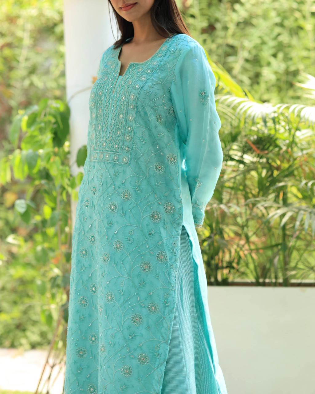 Sky Blue Organza Chikankari Ari Work Sharara Set