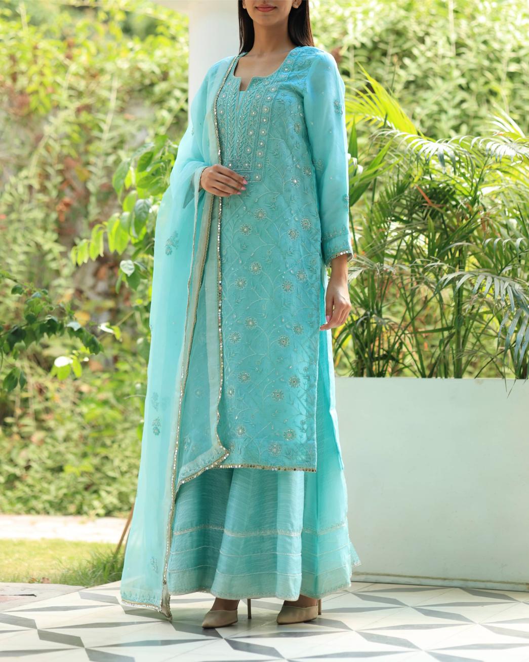 Sky Blue Organza Chikankari Ari Work Sharara Set