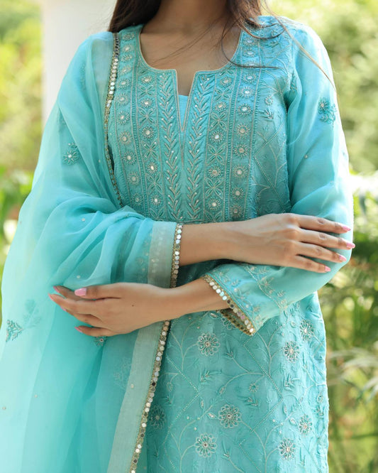 Sky Blue Organza Chikankari Ari Work Sharara Set