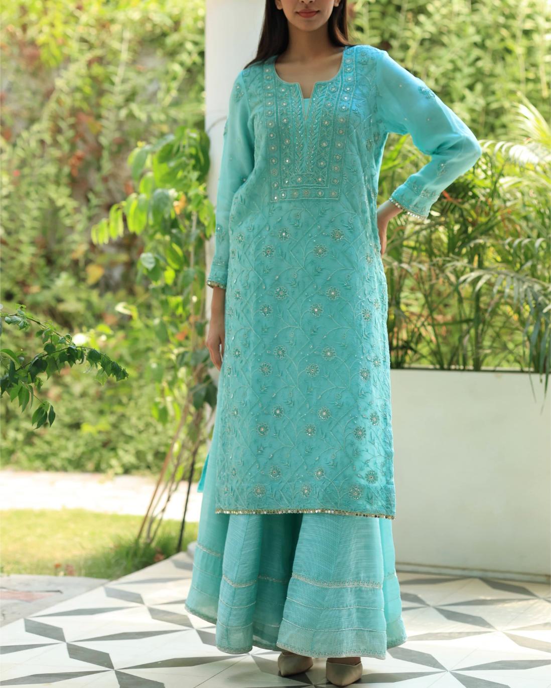 Sky Blue Organza Chikankari Ari Work Sharara Set