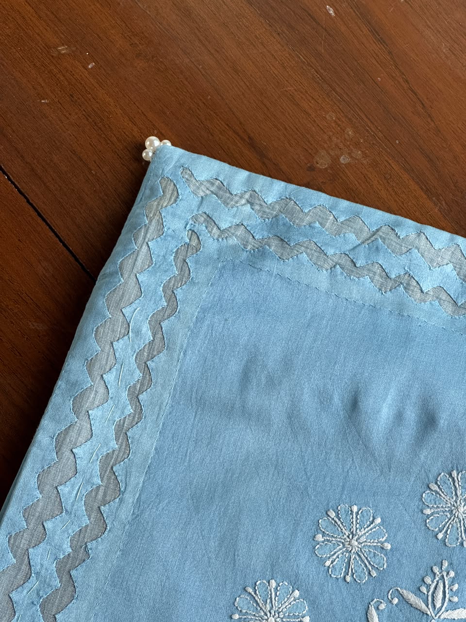 Sky Blue Chanderi Daraz Appliqué Cushion Cover