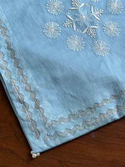 Sky Blue Chanderi Daraz Appliqué Cushion Cover