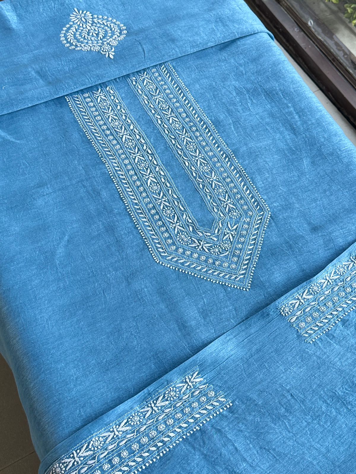Sky Blue Linen Chikankari Unstitched Men's Kurtas Fabric