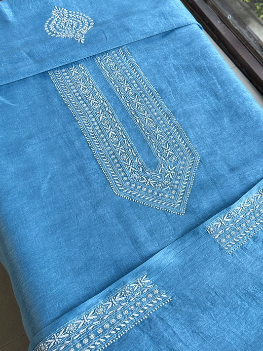 Sky Blue Linen Chikankari Unstitched Men's Kurtas Fabric