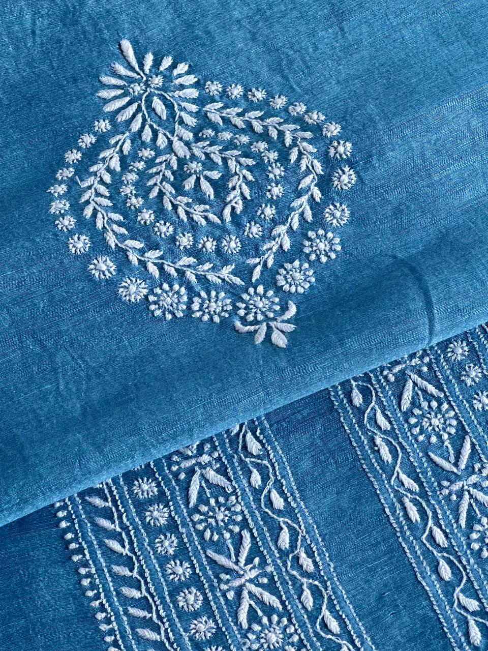 Sky Blue Linen Chikankari Unstitched Men's Kurtas Fabric