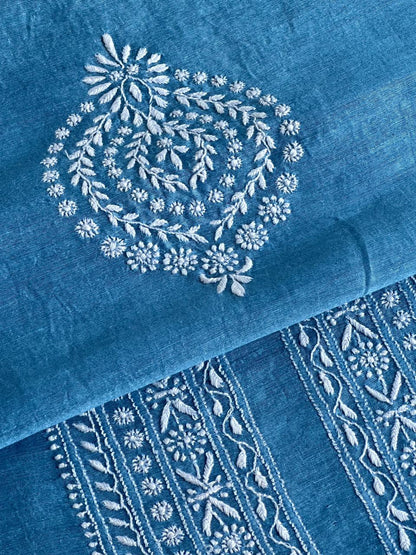 Sky Blue Linen Chikankari Unstitched Men's Kurtas Fabric