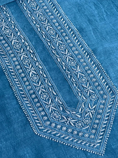 Sky Blue Linen Chikankari Unstitched Men's Kurtas Fabric