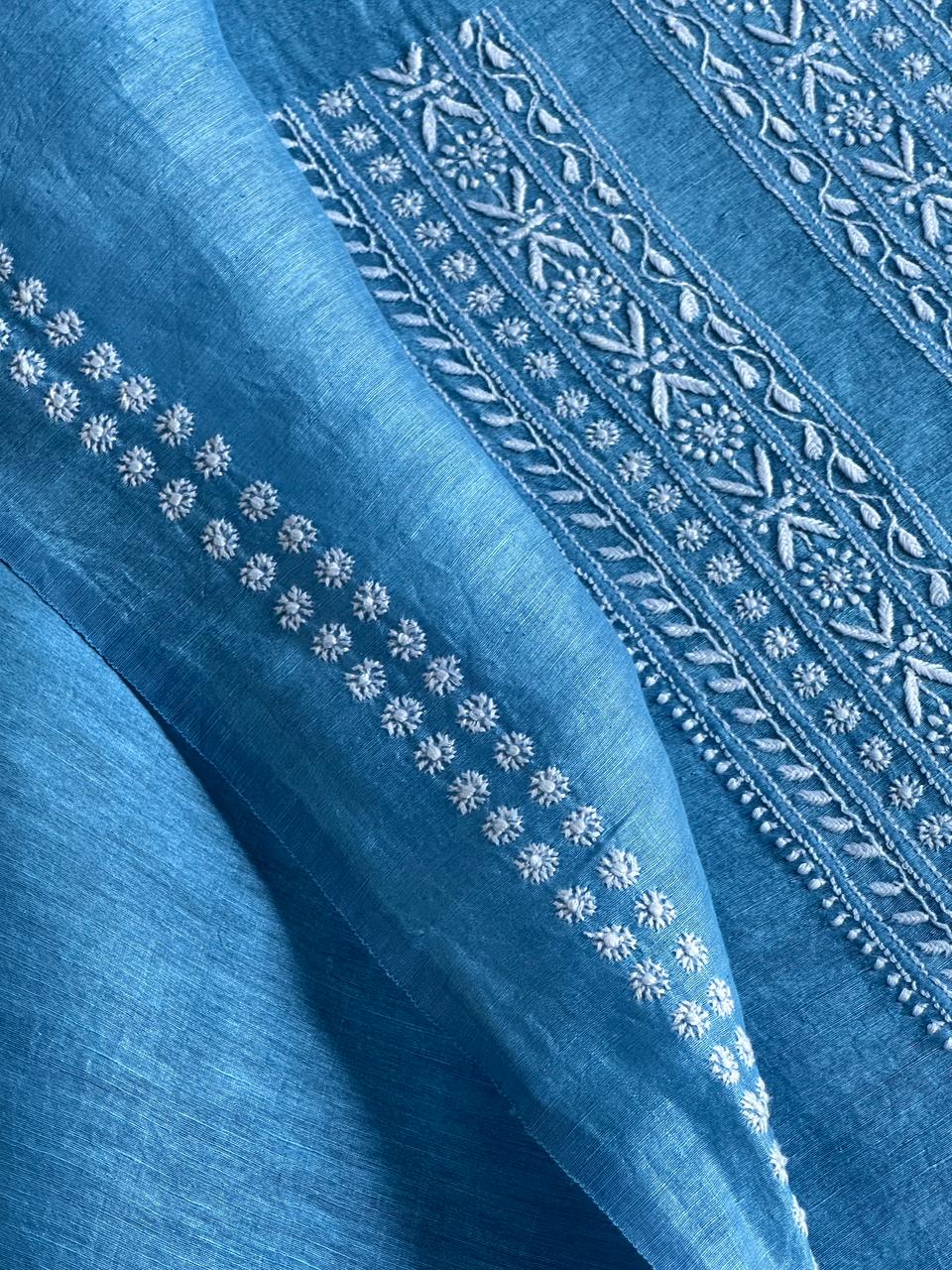 Sky Blue Linen Chikankari Unstitched Men's Kurtas Fabric