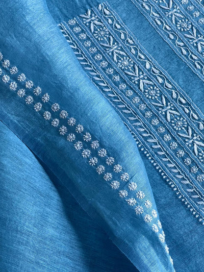 Sky Blue Linen Chikankari Unstitched Men's Kurtas Fabric