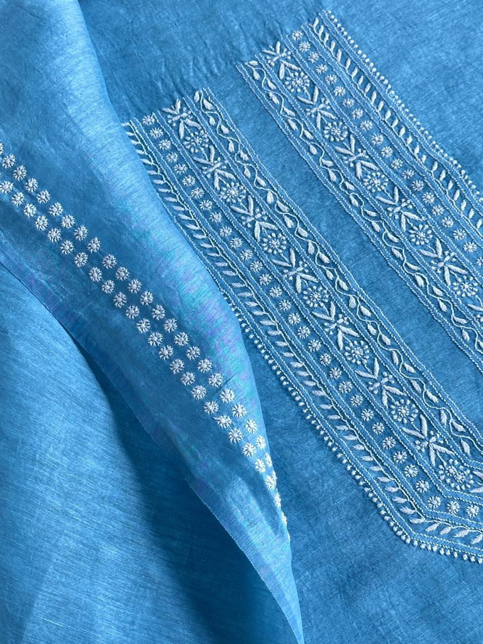 Sky Blue Linen Chikankari Unstitched Men's Kurtas Fabric
