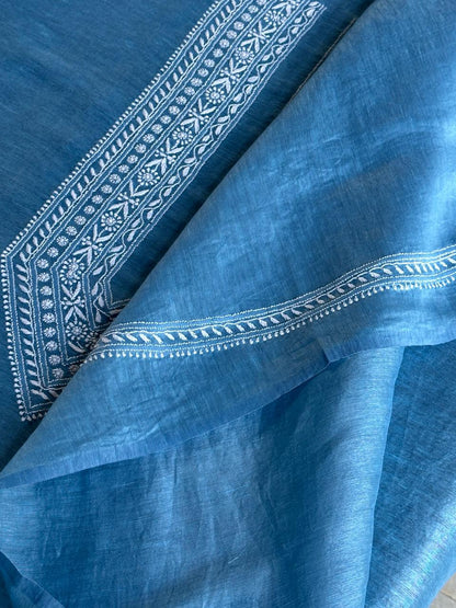 Sky Blue Linen Chikankari Unstitched Men's Kurtas Fabric