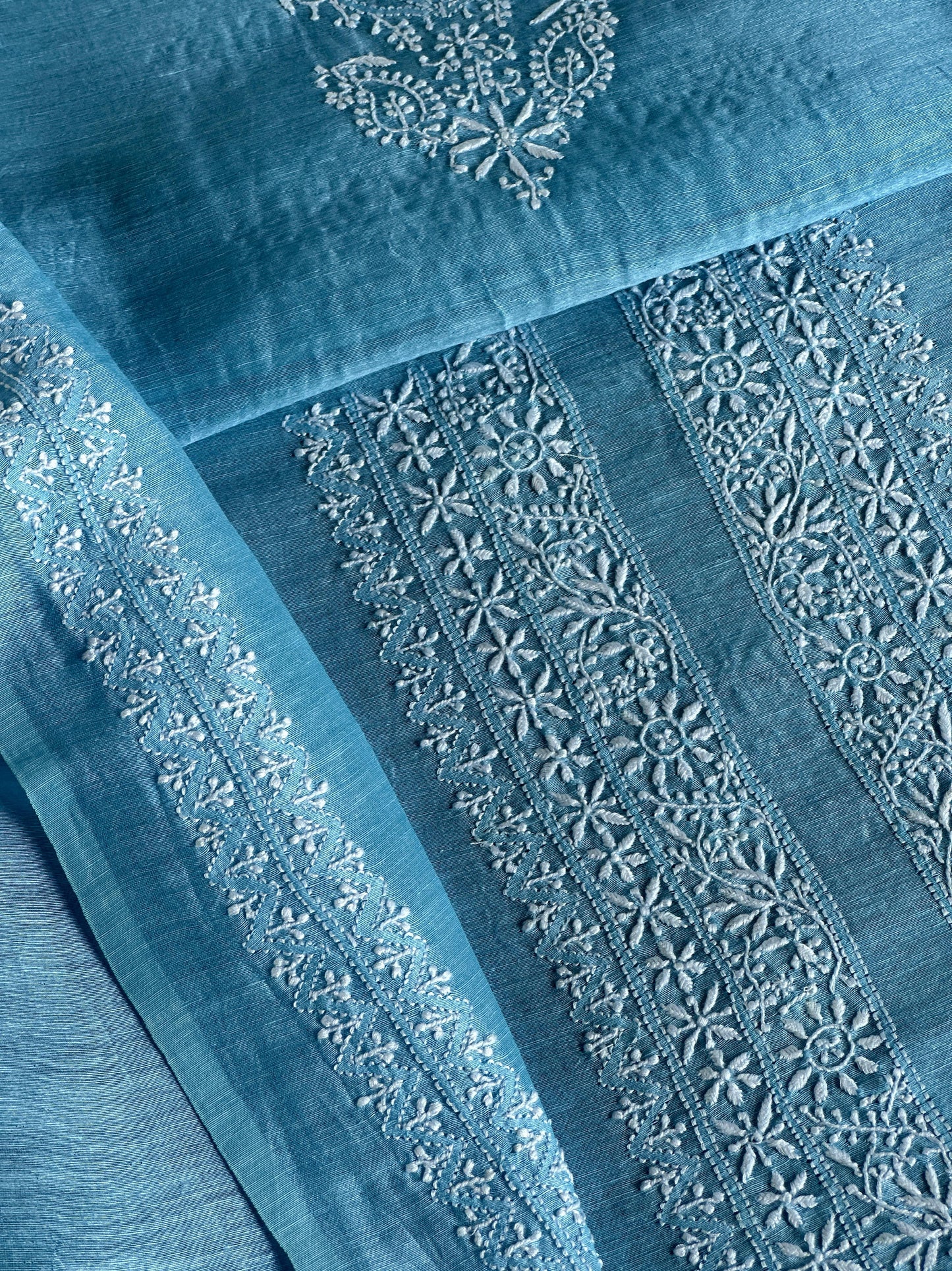 Sky Blue Linen Chikankari Unstitched Men's Kurtas Fabric