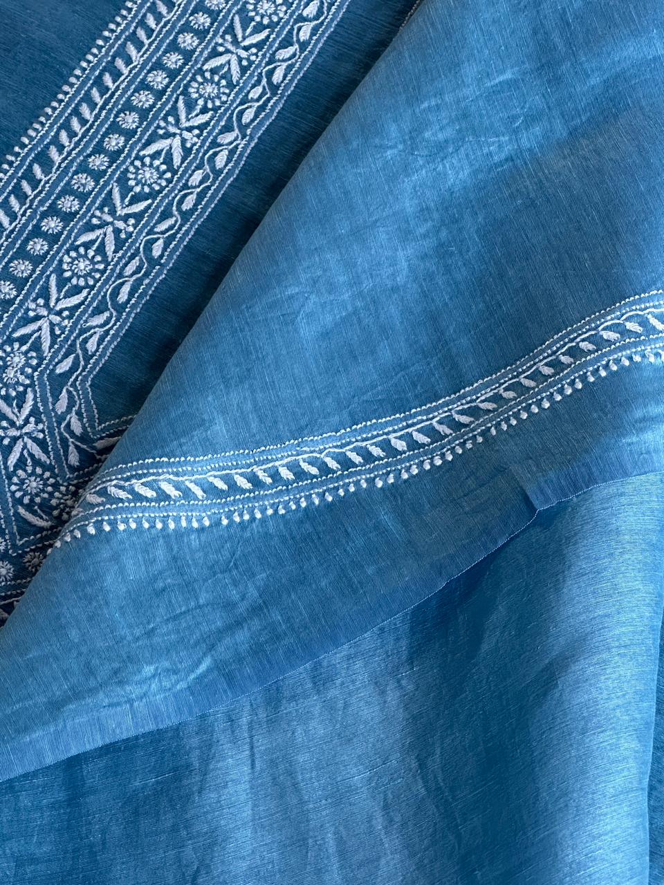 Sky Blue Linen Chikankari Unstitched Men's Kurtas Fabric