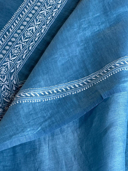 Sky Blue Linen Chikankari Unstitched Men's Kurtas Fabric