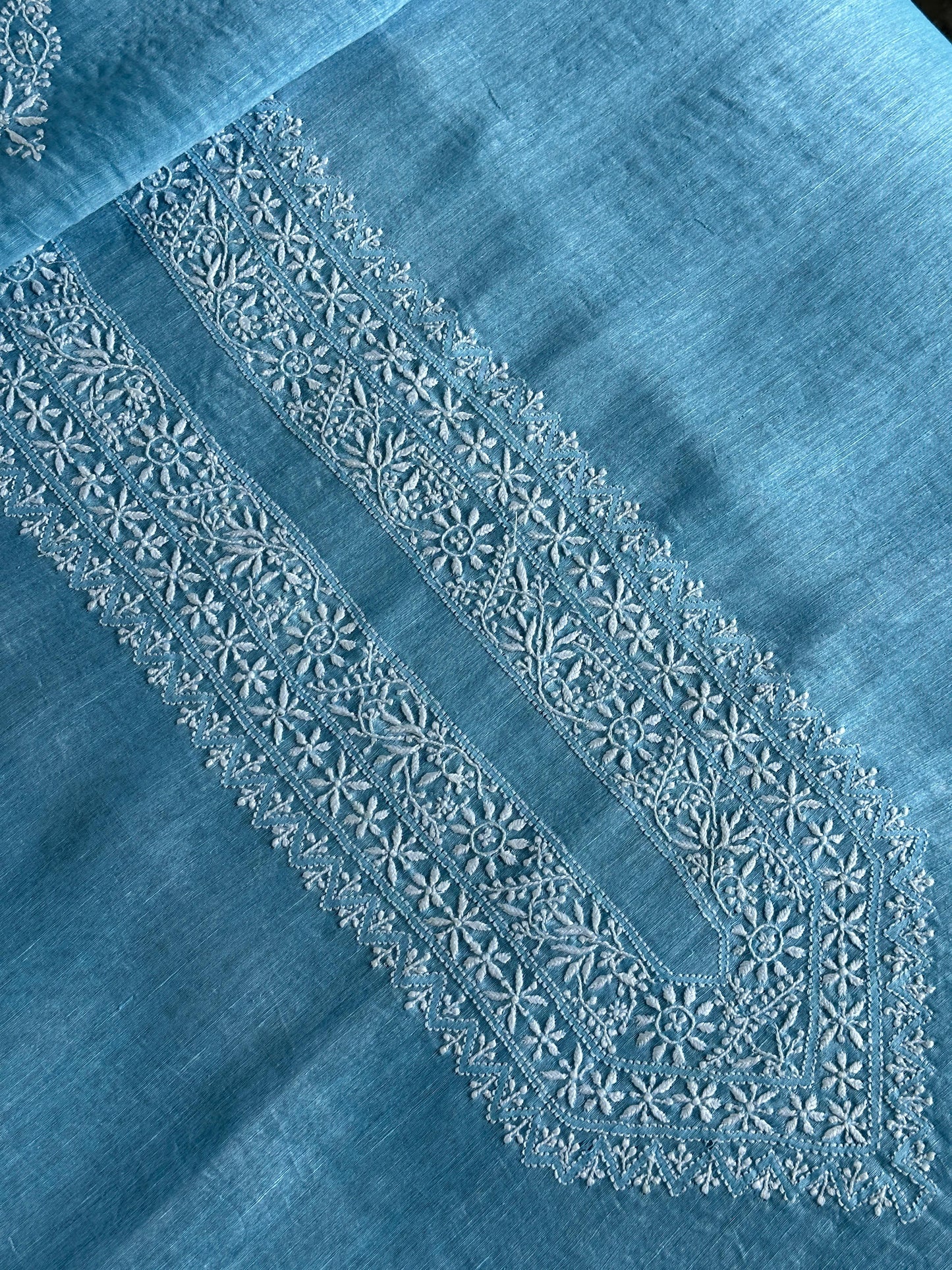Sky Blue Linen Chikankari Unstitched Men's Kurtas Fabric