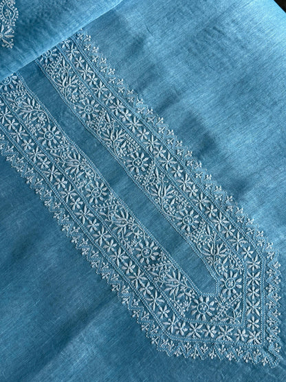 Sky Blue Linen Chikankari Unstitched Men's Kurtas Fabric