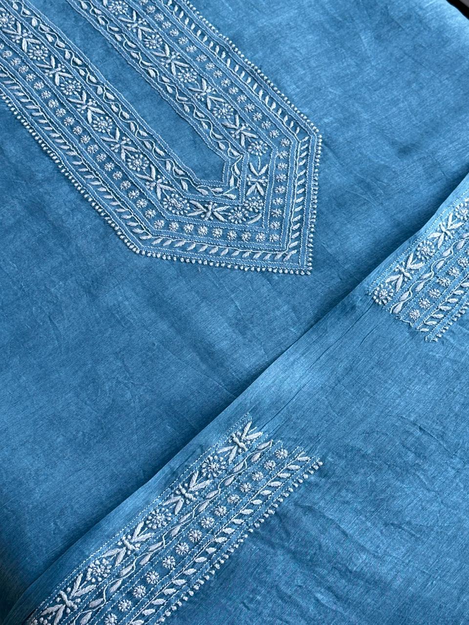 Sky Blue Linen Chikankari Unstitched Men's Kurtas Fabric
