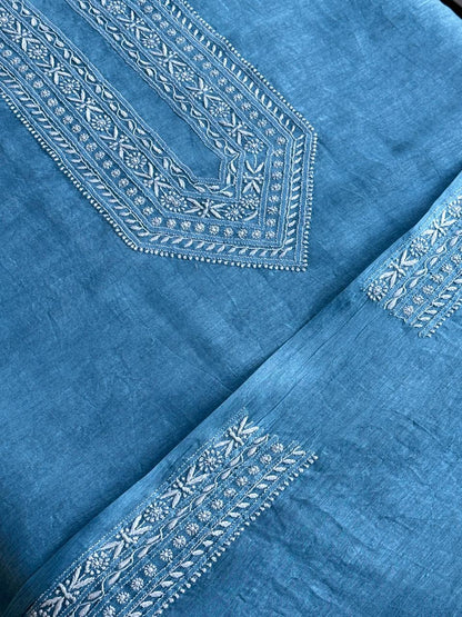 Sky Blue Linen Chikankari Unstitched Men's Kurtas Fabric