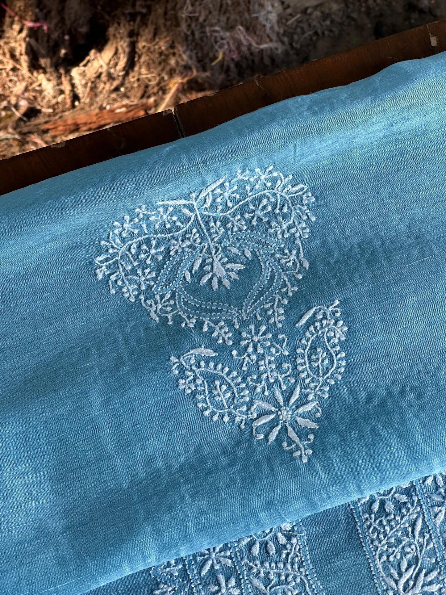 Sky Blue Linen Chikankari Unstitched Men's Kurtas Fabric