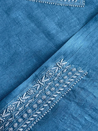 Sky Blue Linen Chikankari Unstitched Men's Kurtas Fabric