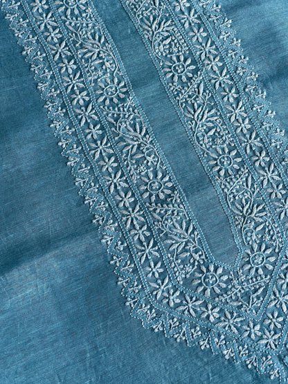 Sky Blue Linen Chikankari Unstitched Men's Kurtas Fabric