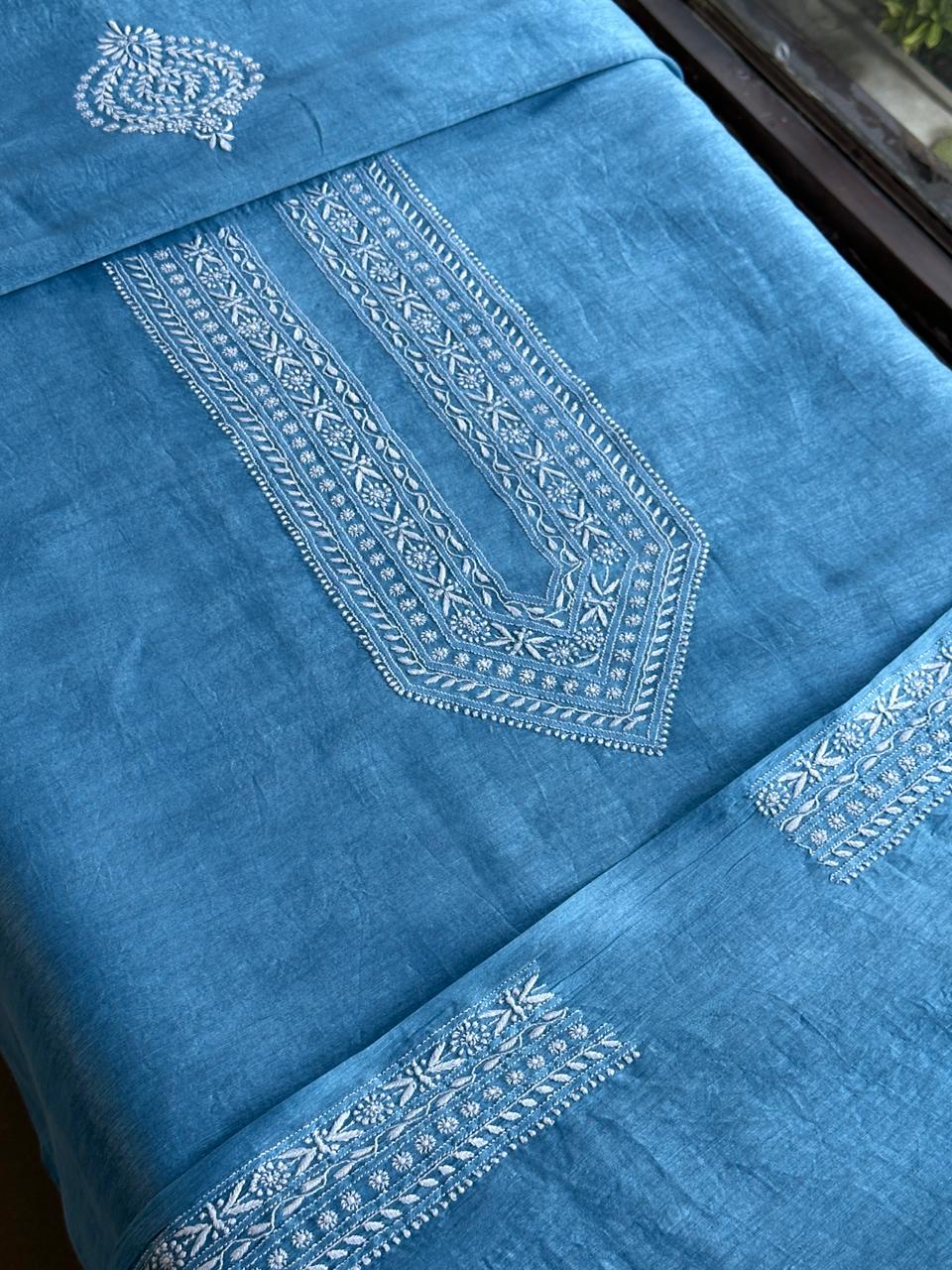 Sky Blue Linen Chikankari Unstitched Men's Kurtas Fabric