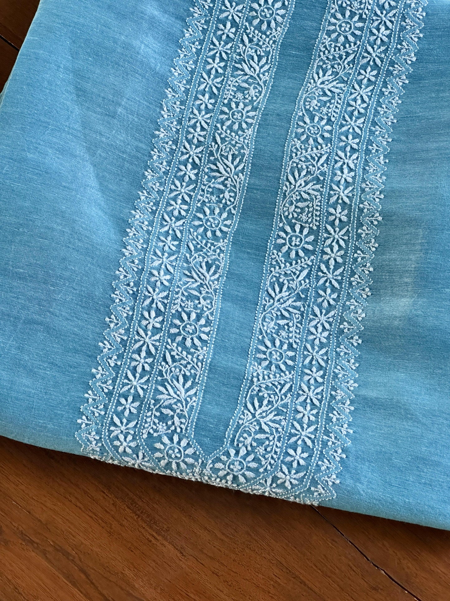 Sky Blue Linen Chikankari Unstitched Men's Kurtas Fabric