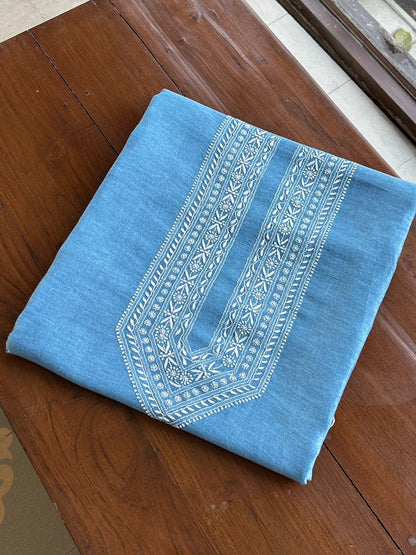 Sky Blue Linen Chikankari Unstitched Men's Kurtas Fabric