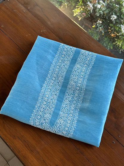 Sky Blue Linen Chikankari Unstitched Men's Kurtas Fabric