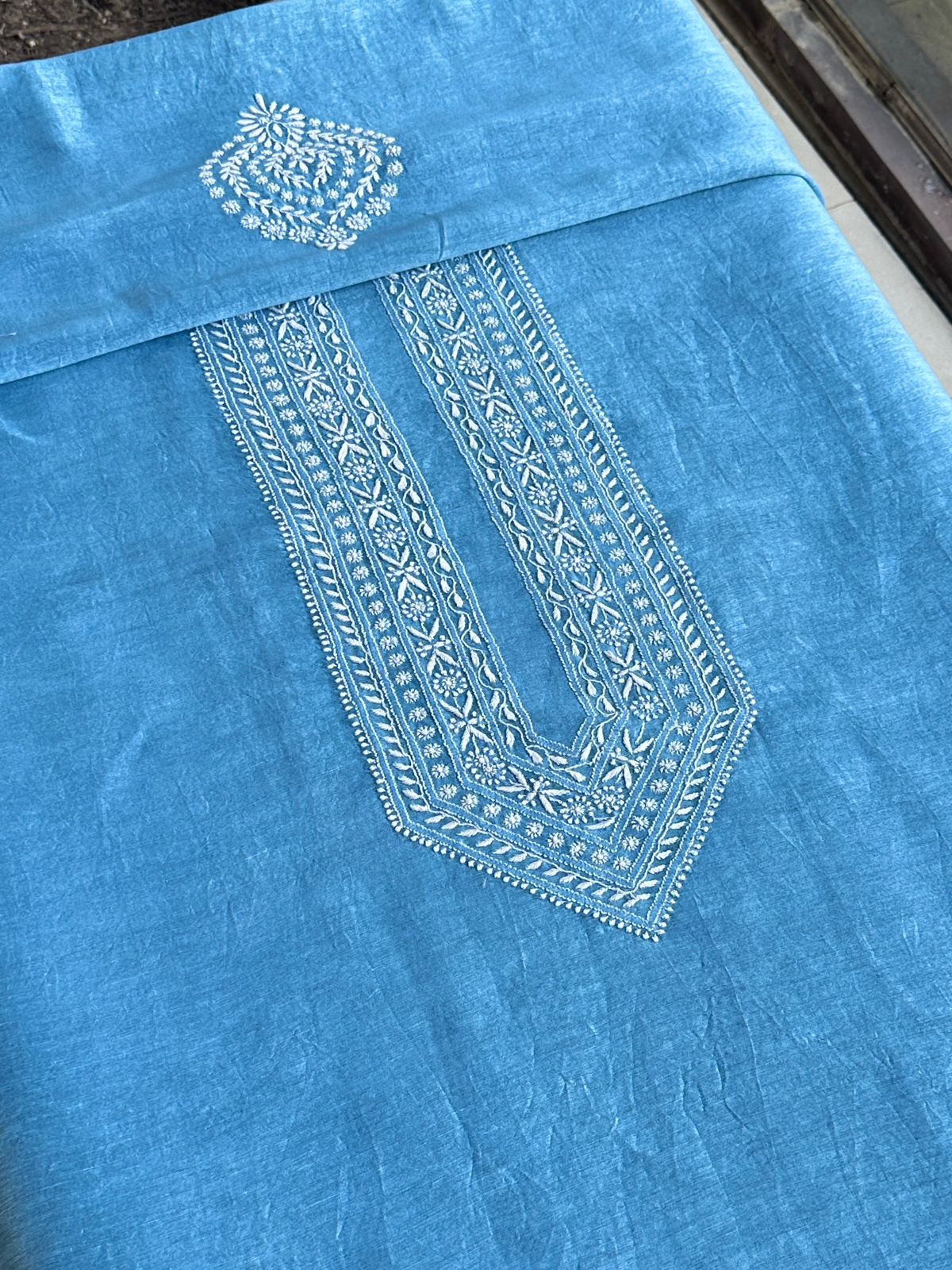 Sky Blue Linen Chikankari Unstitched Men's Kurtas Fabric