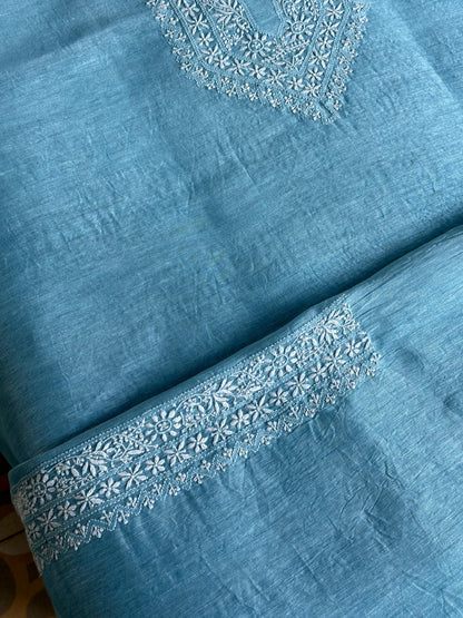 Sky Blue Linen Chikankari Unstitched Men's Kurtas Fabric