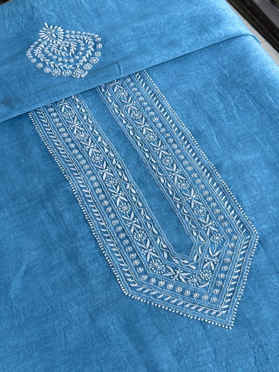 Sky Blue Linen Chikankari Unstitched Men's Kurtas Fabric