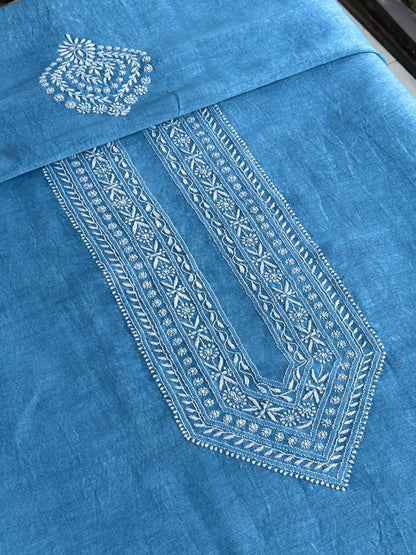 Sky Blue Linen Chikankari Unstitched Men's Kurtas Fabric