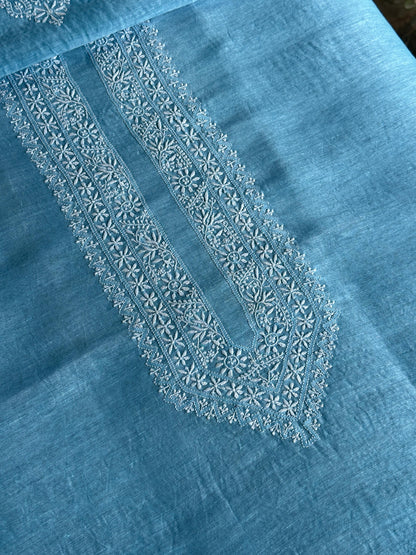 Sky Blue Linen Chikankari Unstitched Men's Kurtas Fabric